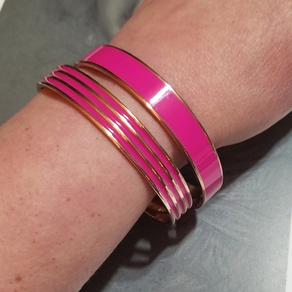 TWO Oscar de la Renta Hot Pink Rose gold plated Bangle Bracelets